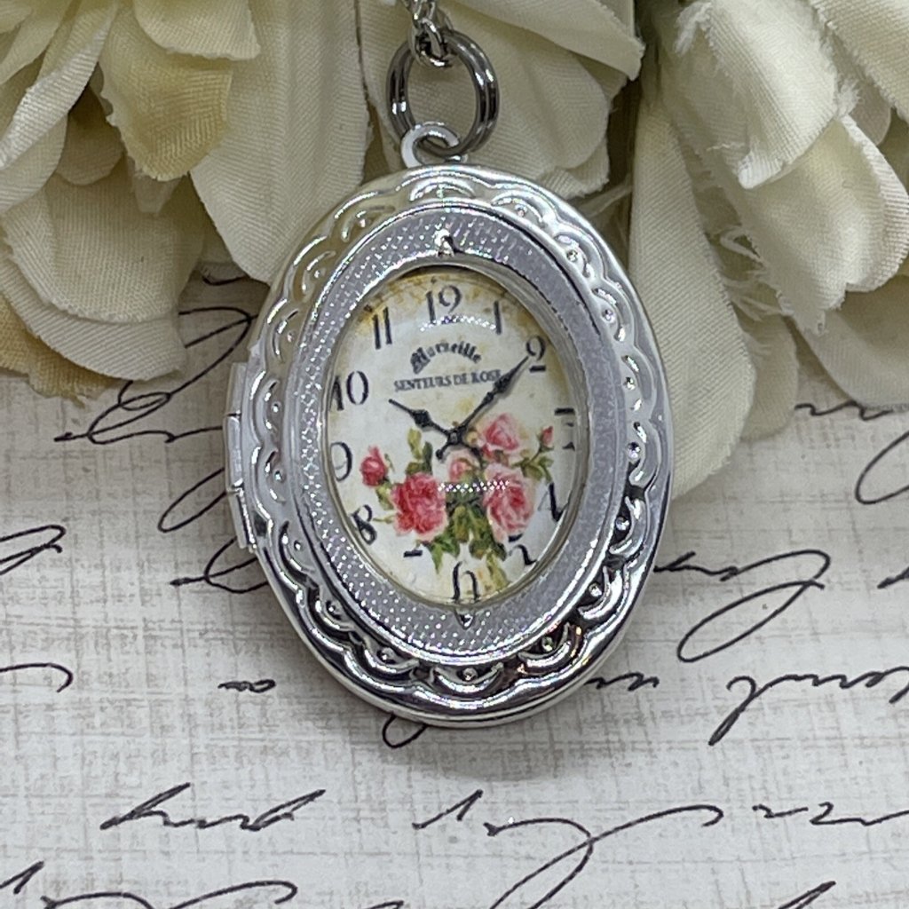 Silver Clock Pink Roses Victorian Mauve Locket Necklace Pendant Wedding Mother